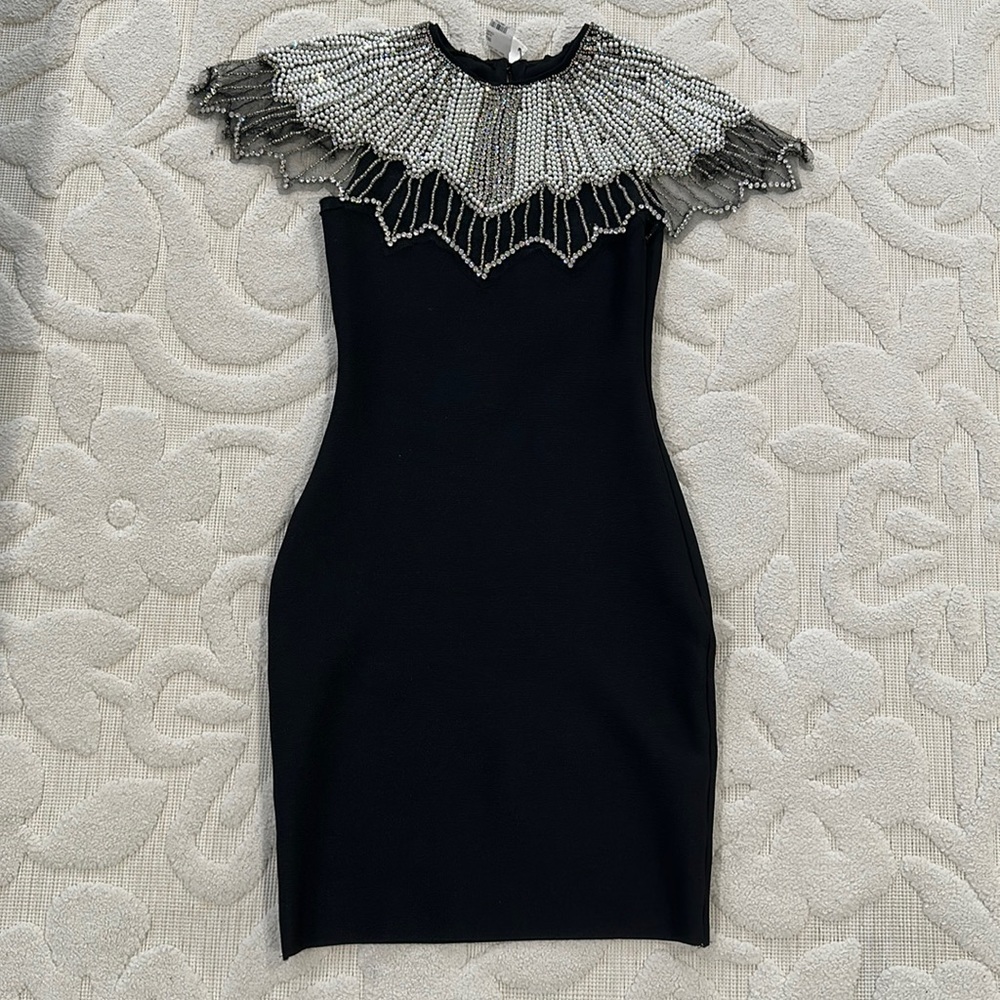 AKIRA Black Mini Dress with Silver Beaded Collar
